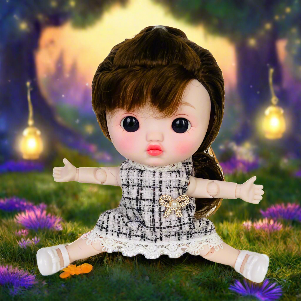 NestyFox 22cm Musical Doll with 15 Movable Joints – Realistic Eyes, Cute Outfit & Earmuffs, Gift for Girls