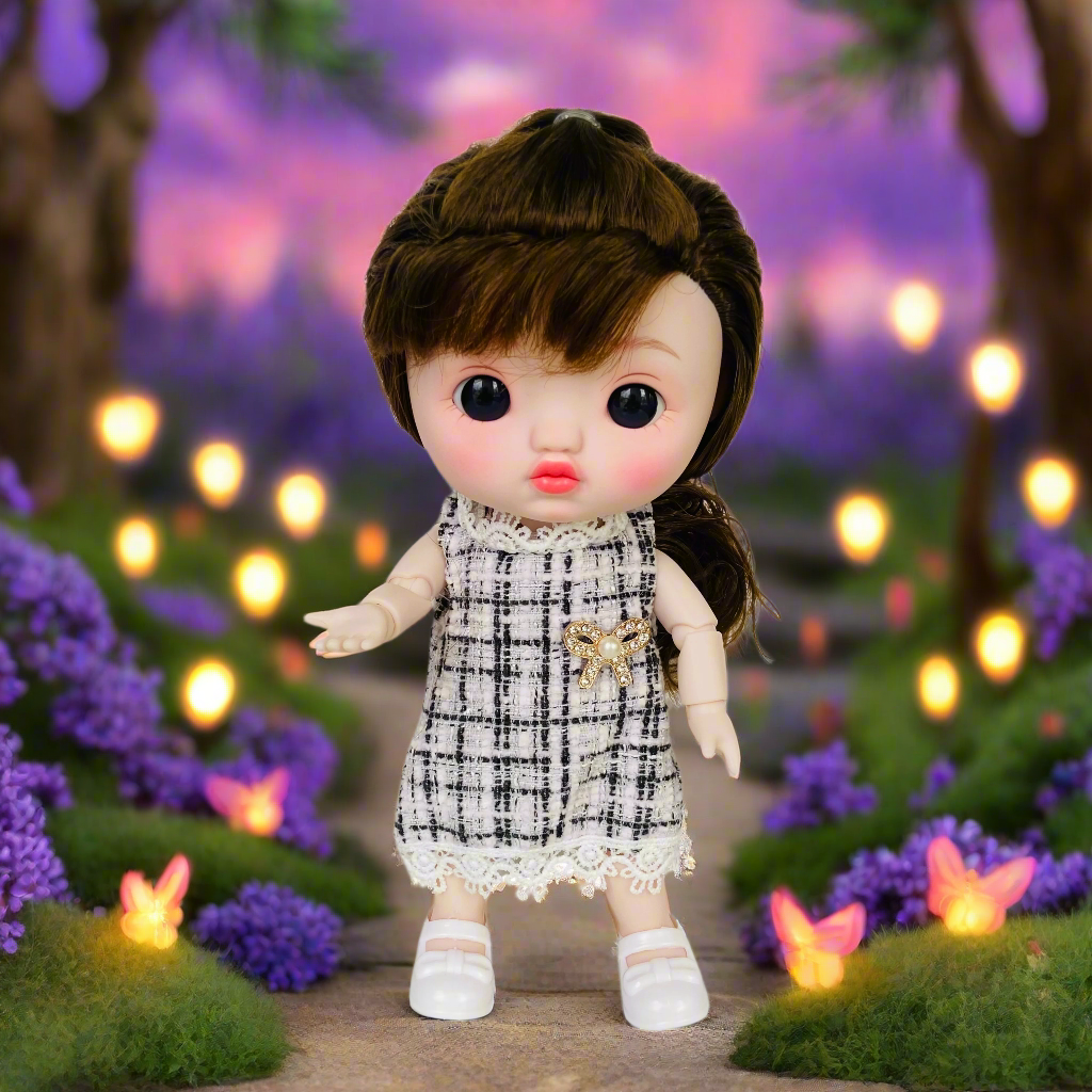 NestyFox 22cm Musical Doll with 15 Movable Joints – Realistic Eyes, Cute Outfit & Earmuffs, Gift for Girls