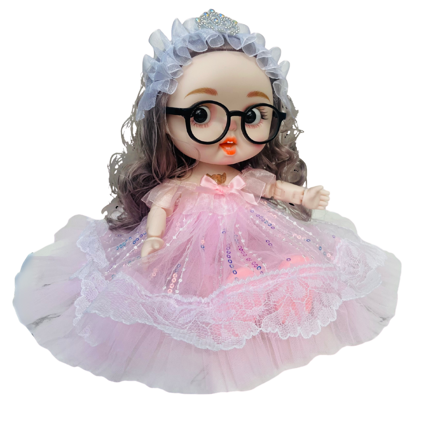 Fashion Doll with Music & Flexible Joints – 26 cm Stylish Princess Doll with Glasses, Tiara & Sparkling Dress