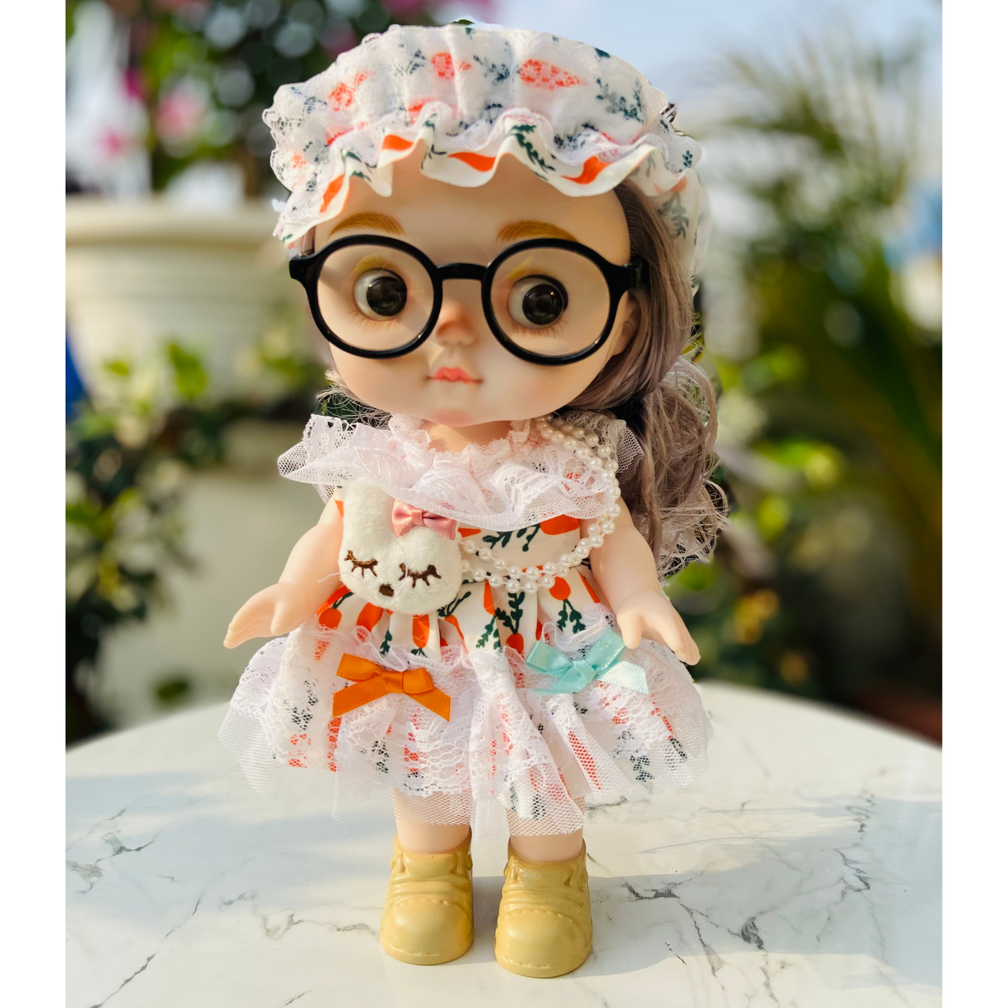 NestyFox Realistic Baby Doll with Glasses & Long Hair – 26cm Cute Toy Doll for Girls