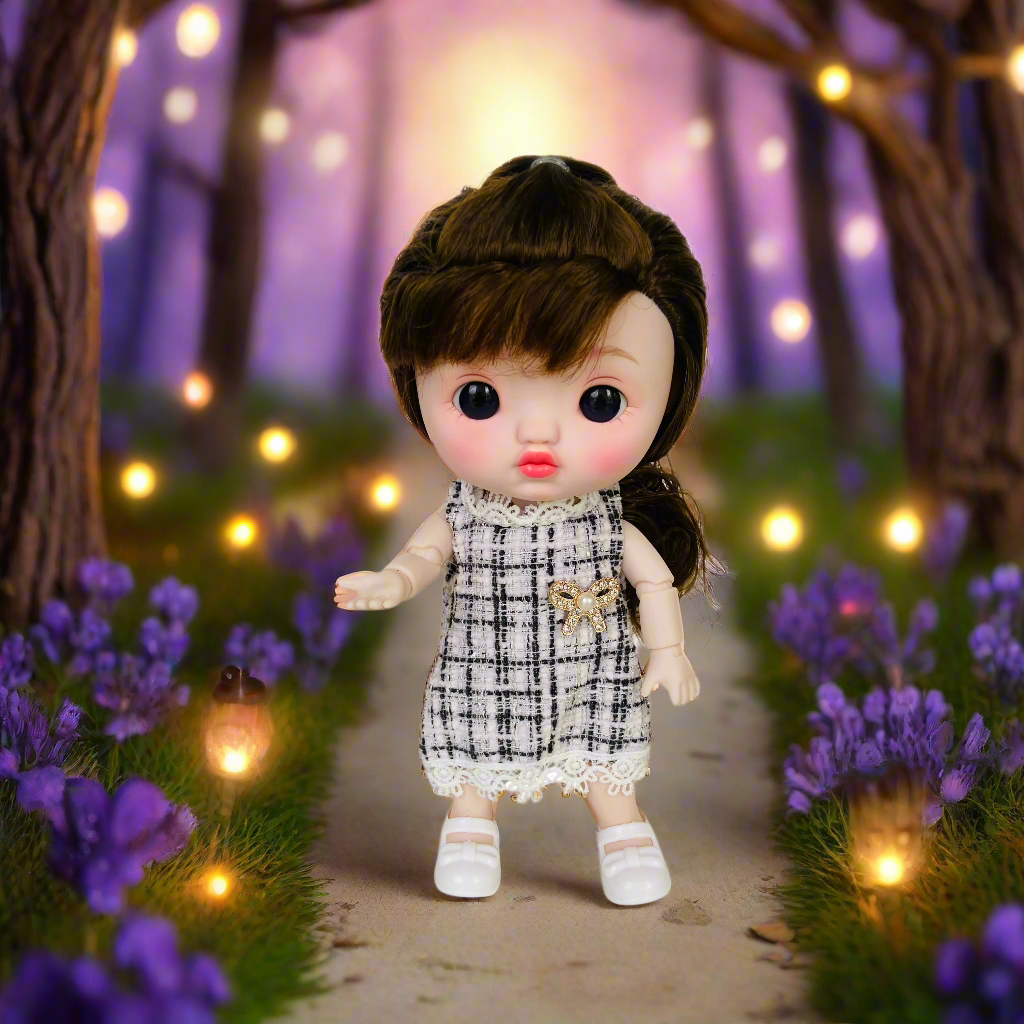 NestyFox 22cm Musical Doll with 15 Movable Joints – Realistic Eyes, Cute Outfit & Earmuffs, Gift for Girls