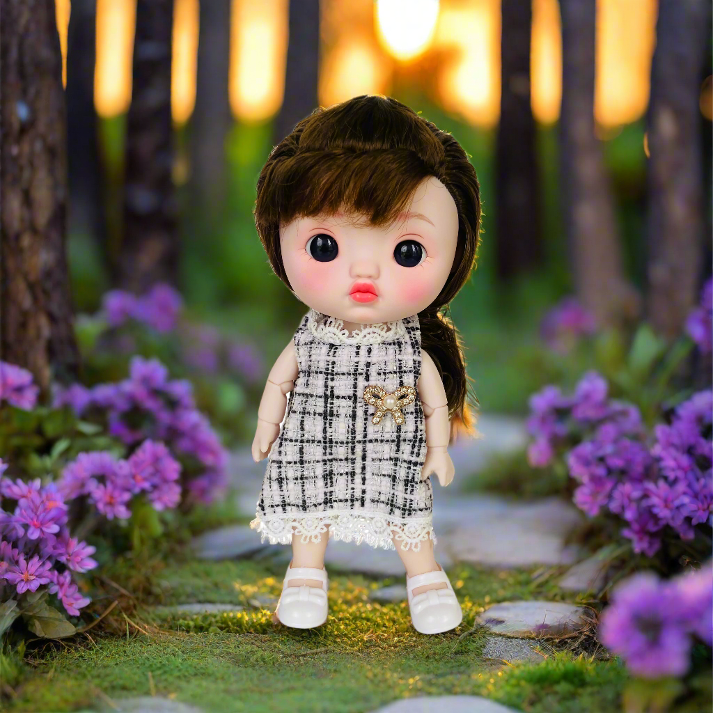 NestyFox 22cm Musical Doll with 15 Movable Joints – Realistic Eyes, Cute Outfit & Earmuffs, Gift for Girls
