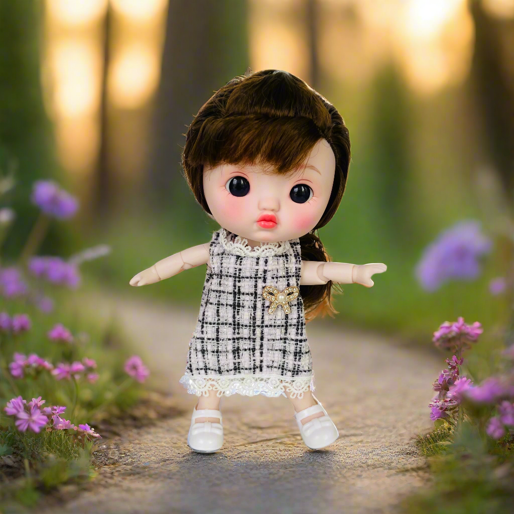 NestyFox 22cm Musical Doll with 15 Movable Joints – Realistic Eyes, Cute Outfit & Earmuffs, Gift for Girls