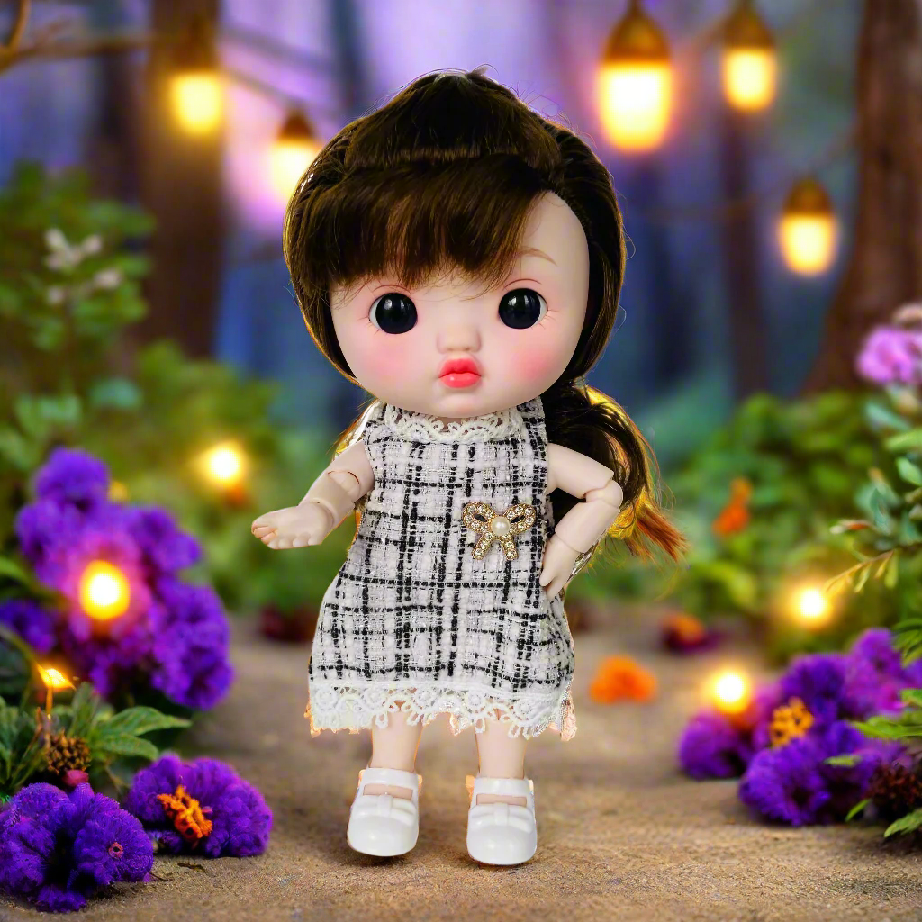 NestyFox 22cm Musical Doll with 15 Movable Joints – Realistic Eyes, Cute Outfit & Earmuffs, Gift for Girls
