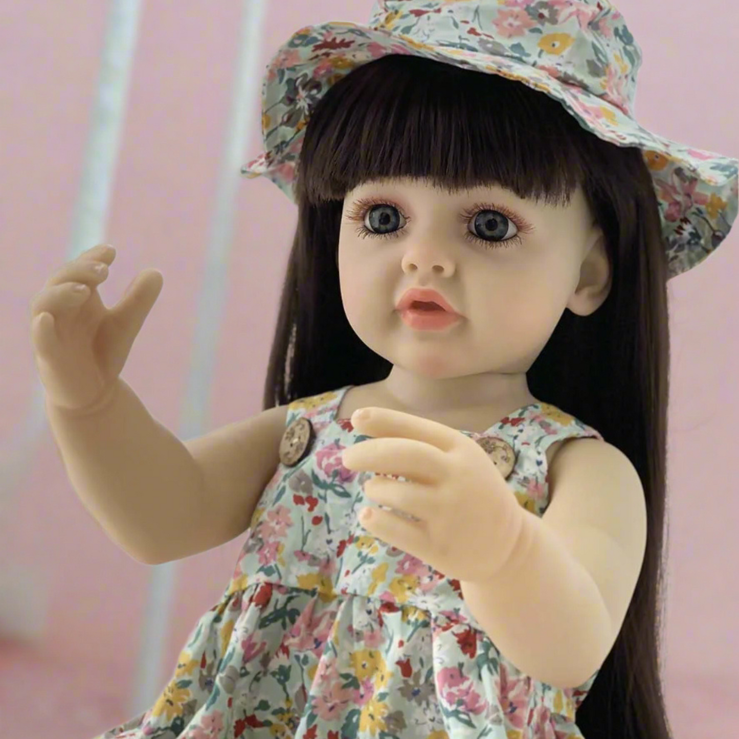 NestyFox Realistic Silicone Reborn Baby Girl Doll | 55cm Large Lifelike Soft Body with Long Hair, Nipple Bottle, Diaper & Magnetic Pacifier | Gift for Kids (Silicone Doll 16)