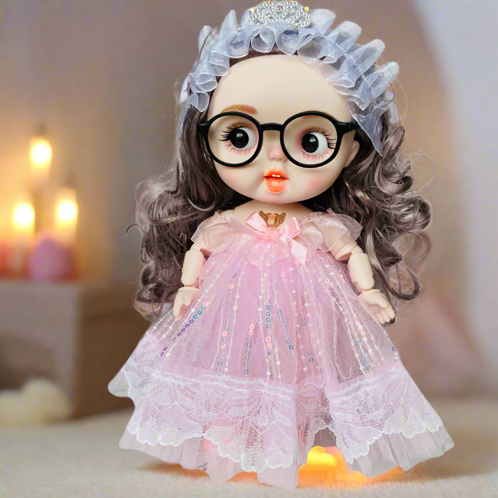 Fashion Doll with Music & Flexible Joints – 26 cm Stylish Princess Doll with Glasses, Tiara & Sparkling Dress