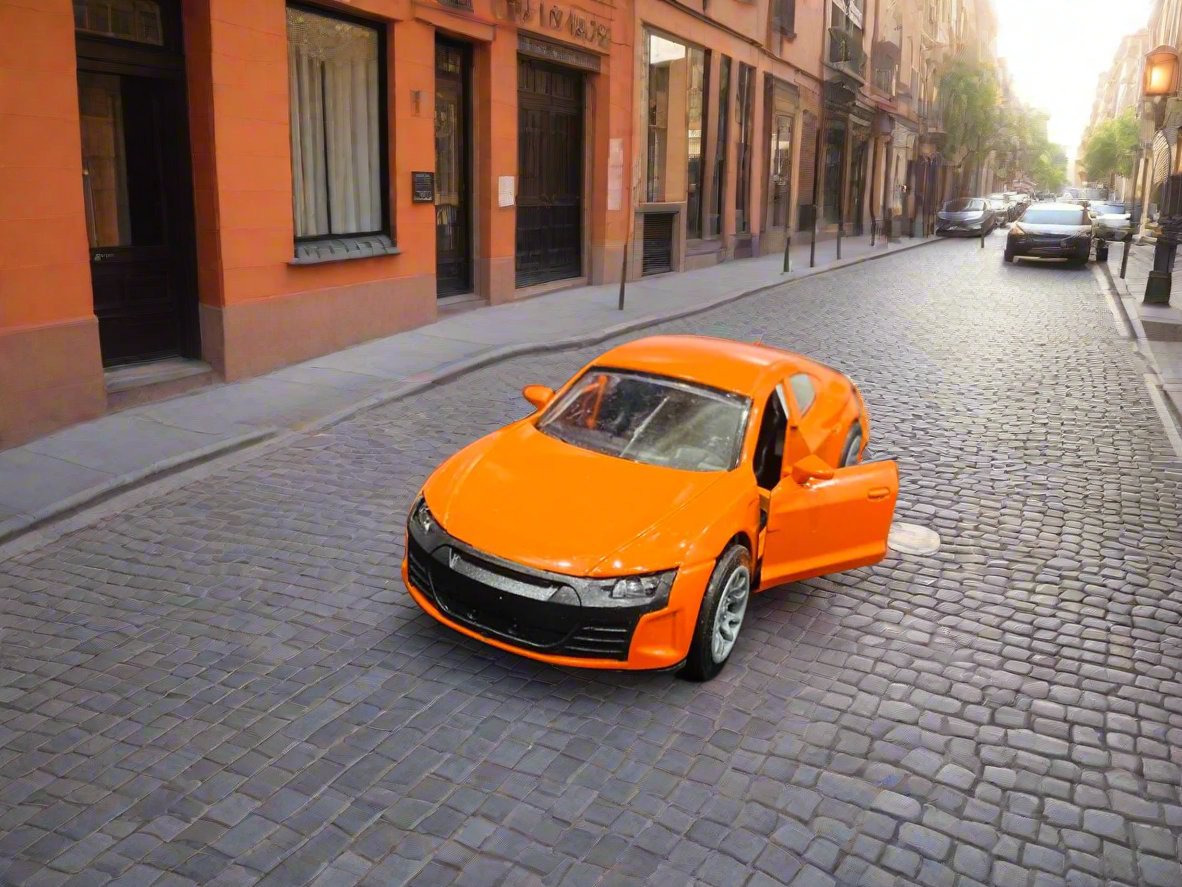 A 1:36 scale die-cast pull-back metal car designed for kids, featuring sound and light effects. The car has openable doors, showcasing its detailed interior. It is presented against a neutral background, highlighting its vibrant colors and realistic design, making it an ideal toy gift.