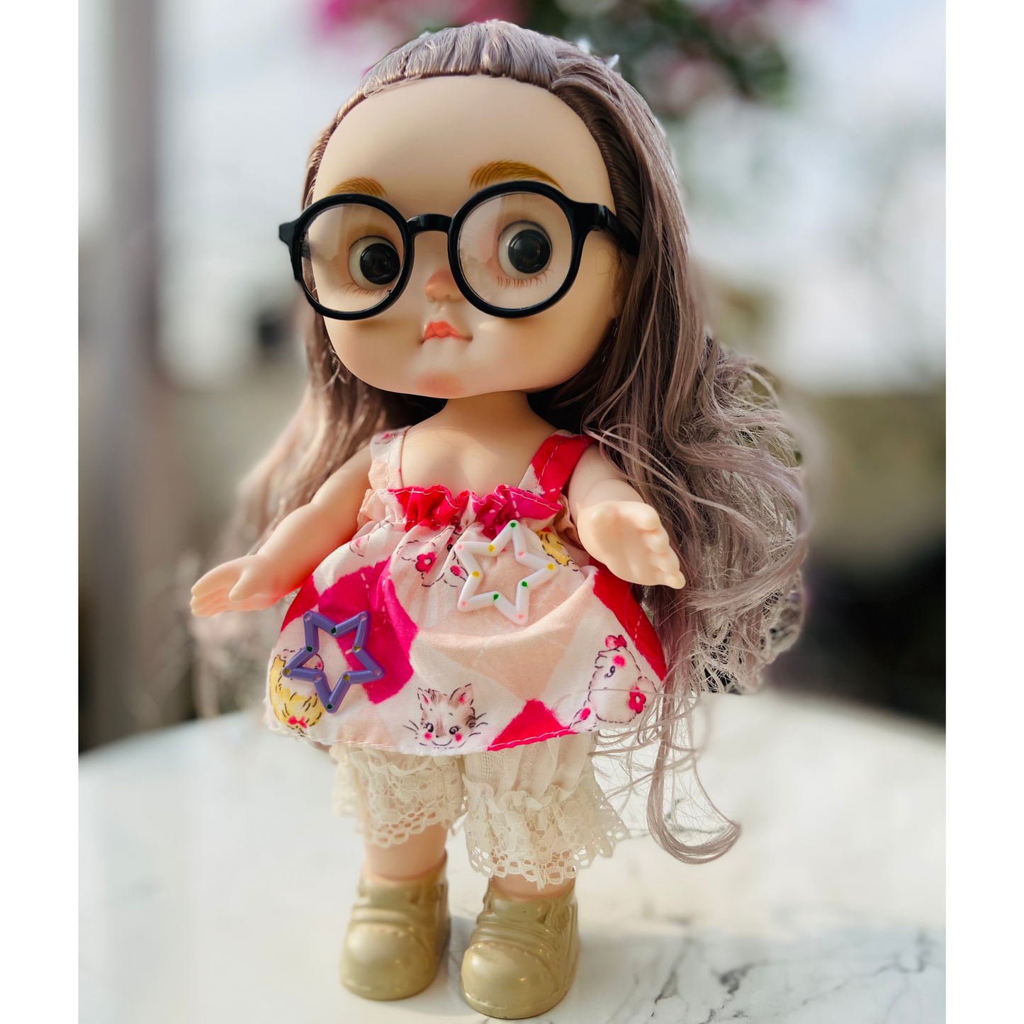 NestyFox Realistic Baby Doll with Glasses & Long Hair – 26cm Cute Toy Doll for Girls