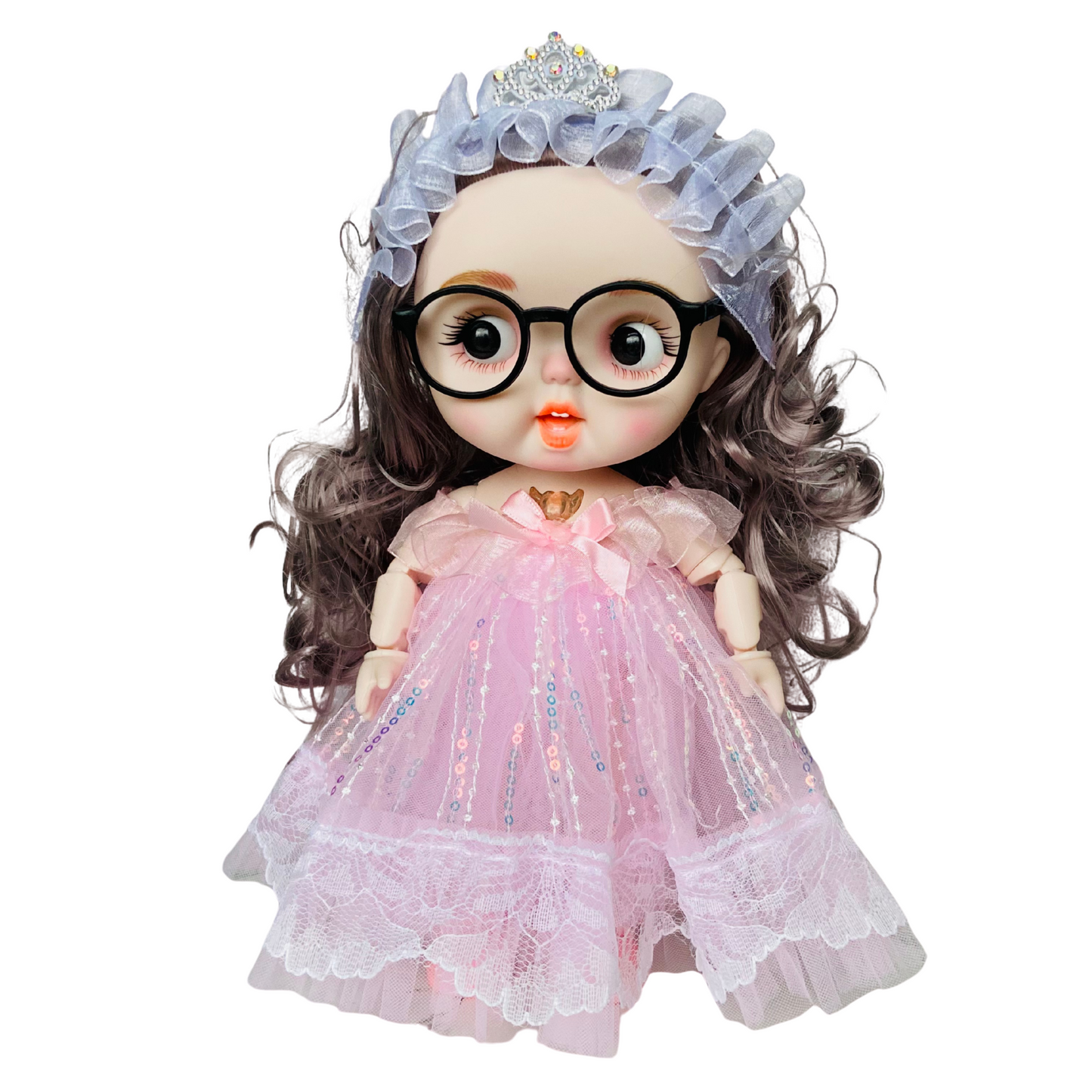 Fashion Doll with Music & Flexible Joints – 26 cm Stylish Princess Doll with Glasses, Tiara & Sparkling Dress