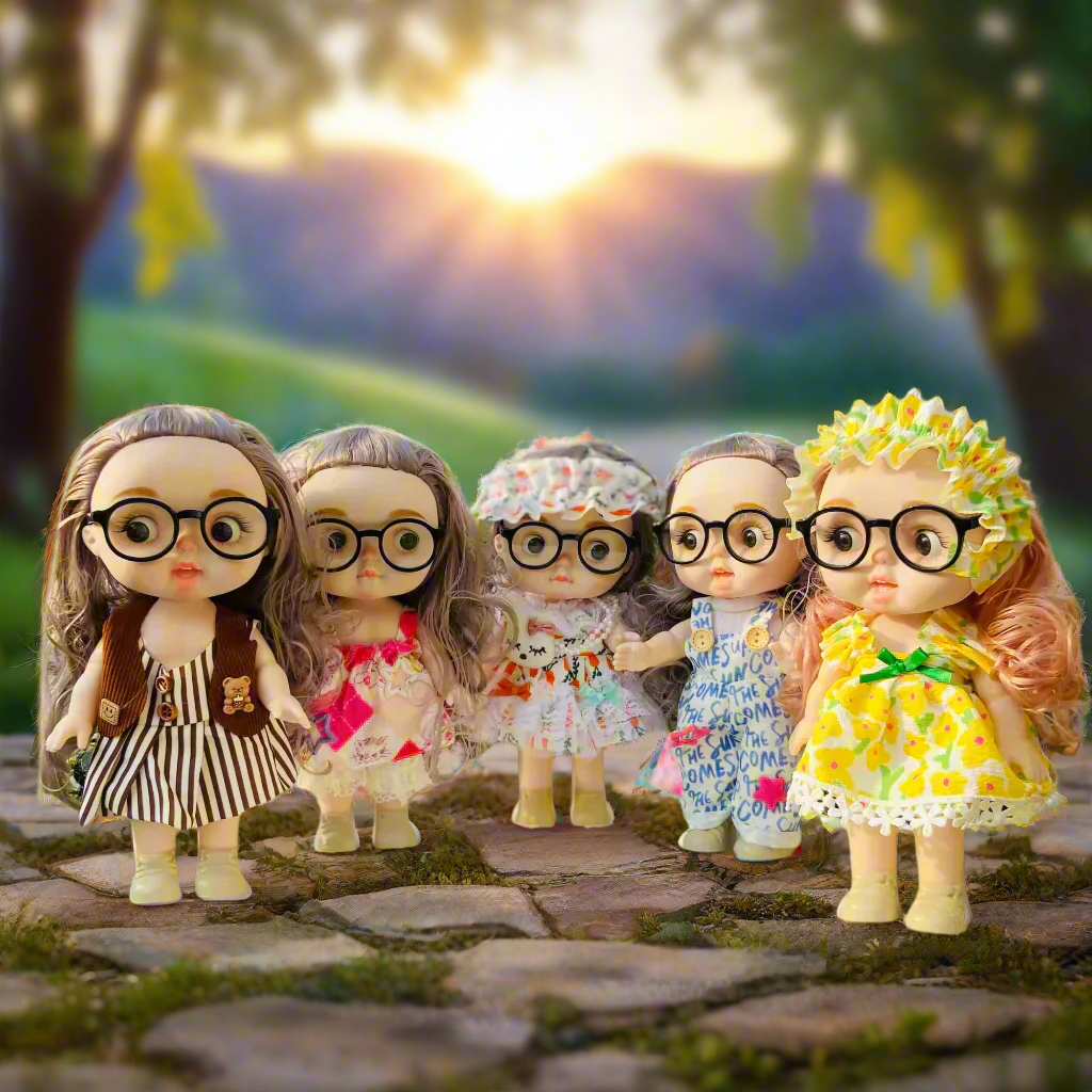 NestyFox Realistic Baby Doll with Glasses & Long Hair – 26cm Cute Toy Doll for Girls