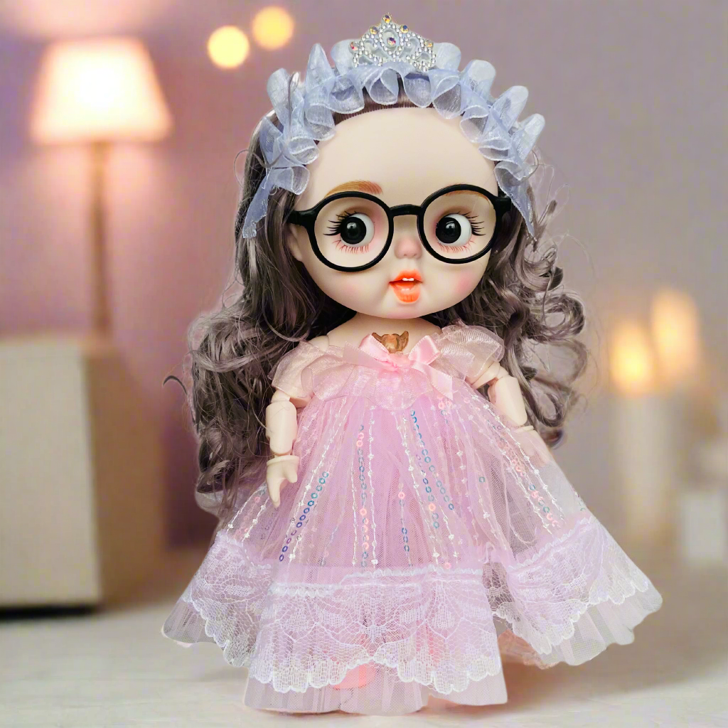 Fashion Doll with Music & Flexible Joints – 26 cm Stylish Princess Doll with Glasses, Tiara & Sparkling Dress