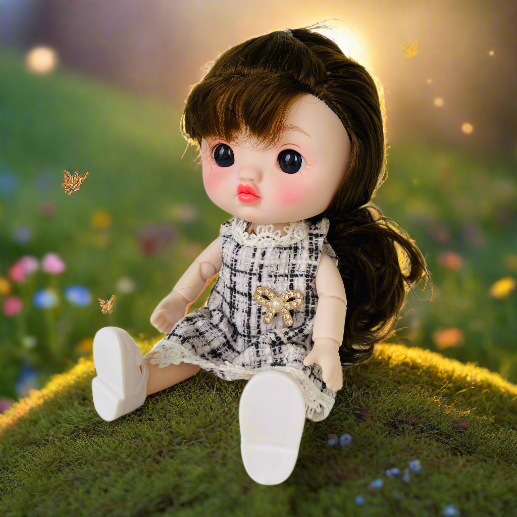 NestyFox 22cm Musical Doll with 15 Movable Joints – Realistic Eyes, Cute Outfit & Earmuffs, Gift for Girls