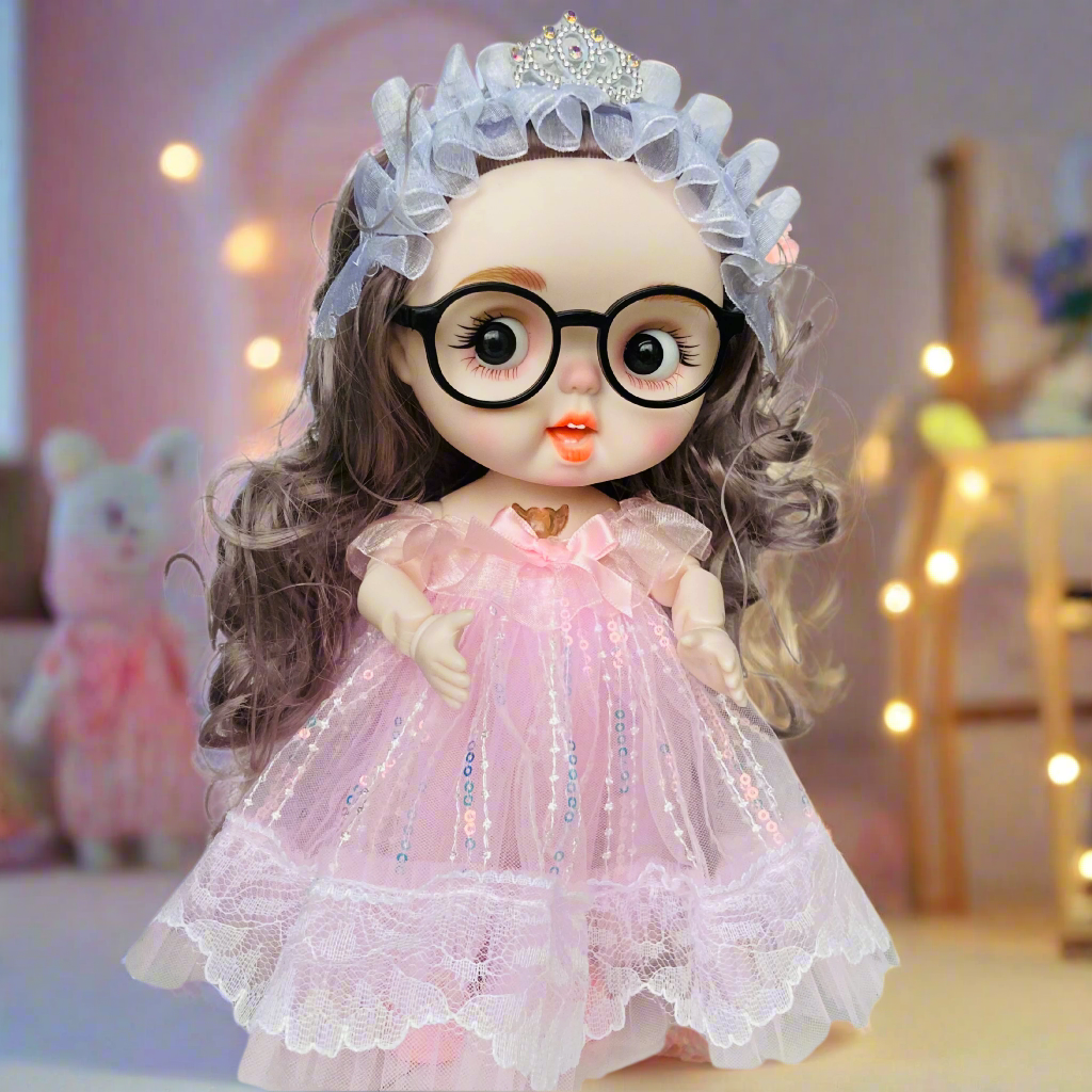 Fashion Doll with Music & Flexible Joints – 26 cm Stylish Princess Doll with Glasses, Tiara & Sparkling Dress