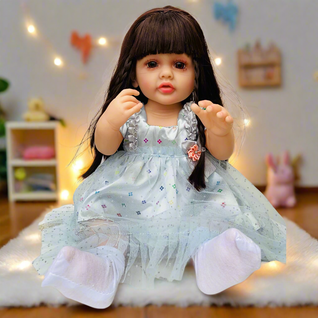 NestyFox Realistic Silicone Reborn Baby Girl Doll | 55cm Large Lifelike Soft Body with Long Hair, Nipple Bottle, Diaper & Magnetic Pacifier | Gift for Kids (Silicone Doll 16)