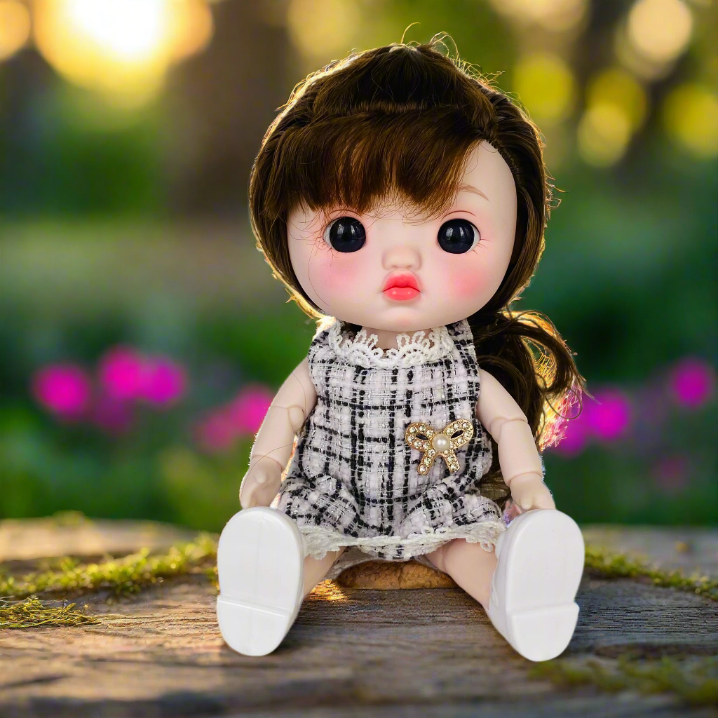 NestyFox 22cm Musical Doll with 15 Movable Joints – Realistic Eyes, Cute Outfit & Earmuffs, Gift for Girls