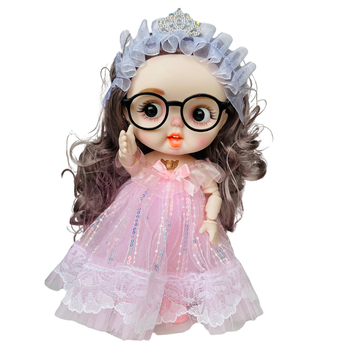 Fashion Doll with Music & Flexible Joints – 26 cm Stylish Princess Doll with Glasses, Tiara & Sparkling Dress