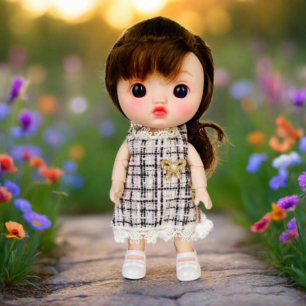 NestyFox 22cm Musical Doll with 15 Movable Joints – Realistic Eyes, Cute Outfit & Earmuffs, Gift for Girls