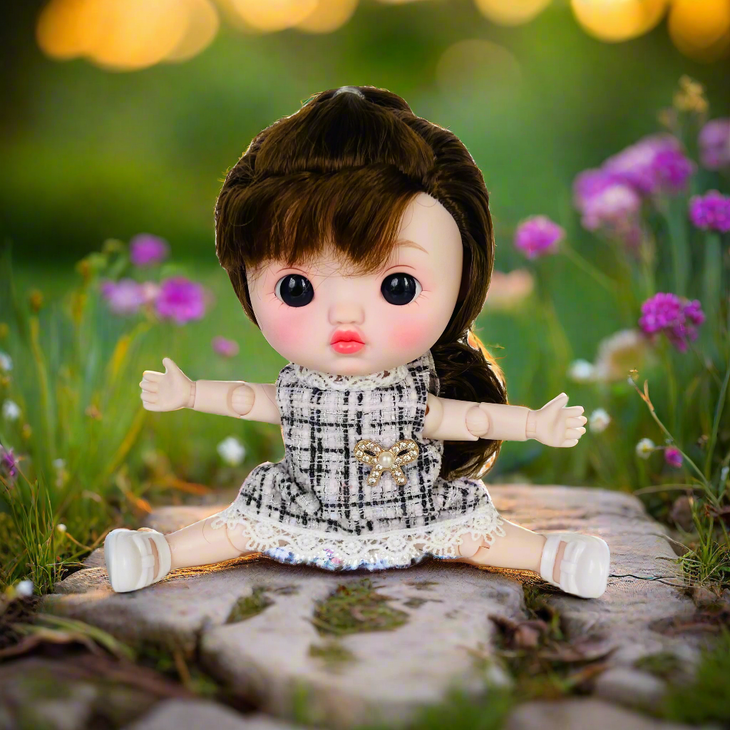 NestyFox 22cm Musical Doll with 15 Movable Joints – Realistic Eyes, Cute Outfit & Earmuffs, Gift for Girls