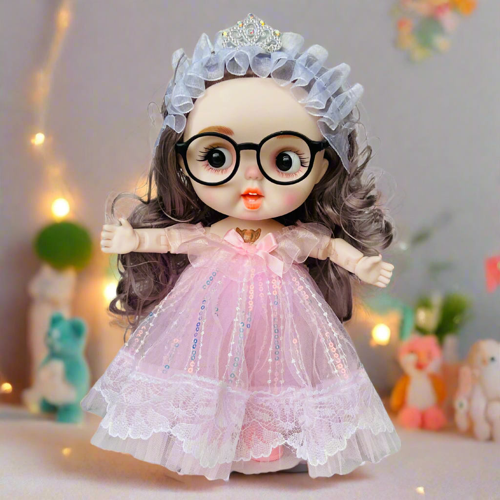 Fashion Doll with Music & Flexible Joints – 26 cm Stylish Princess Doll with Glasses, Tiara & Sparkling Dress