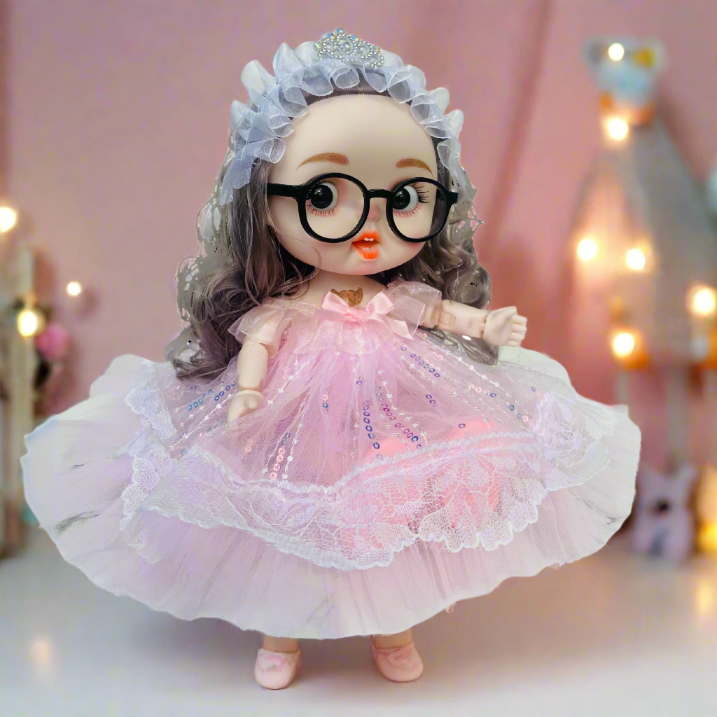 Fashion Doll with Music & Flexible Joints – 26 cm Stylish Princess Doll with Glasses, Tiara & Sparkling Dress