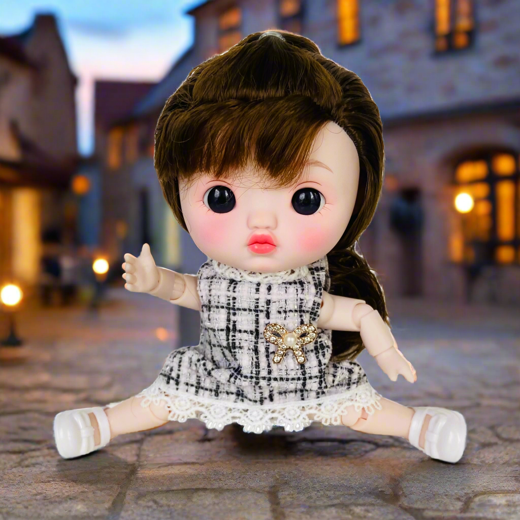 NestyFox 22cm Musical Doll with 15 Movable Joints – Realistic Eyes, Cute Outfit & Earmuffs, Gift for Girls