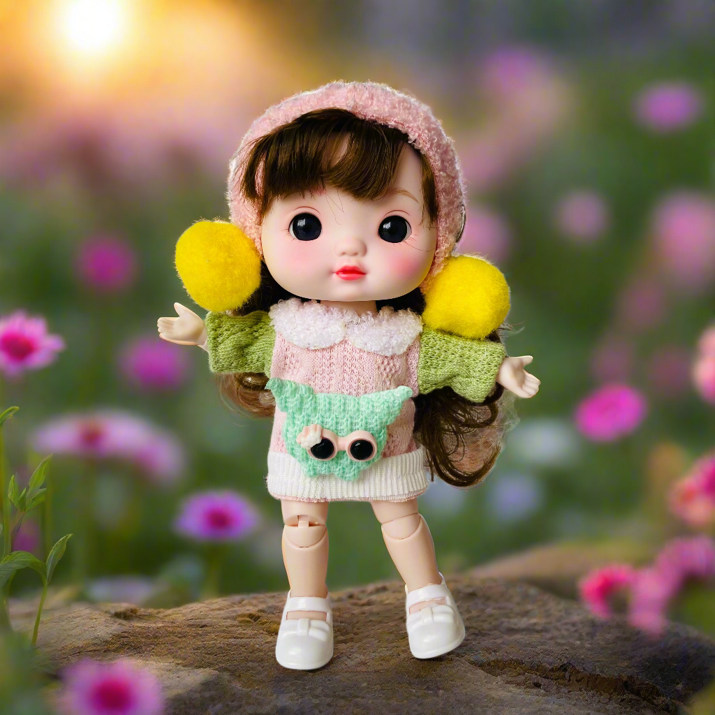 NestyFox 22cm Musical Doll with 15 Movable Joints – Realistic Eyes, Cute Winter Outfit