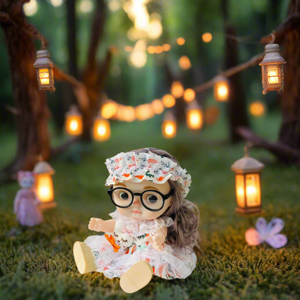 NestyFox Realistic Baby Doll with Glasses & Long Hair – 26cm Cute Toy Doll for Girls