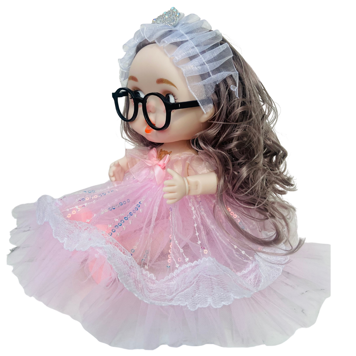 Fashion Doll with Music & Flexible Joints – 26 cm Stylish Princess Doll with Glasses, Tiara & Sparkling Dress