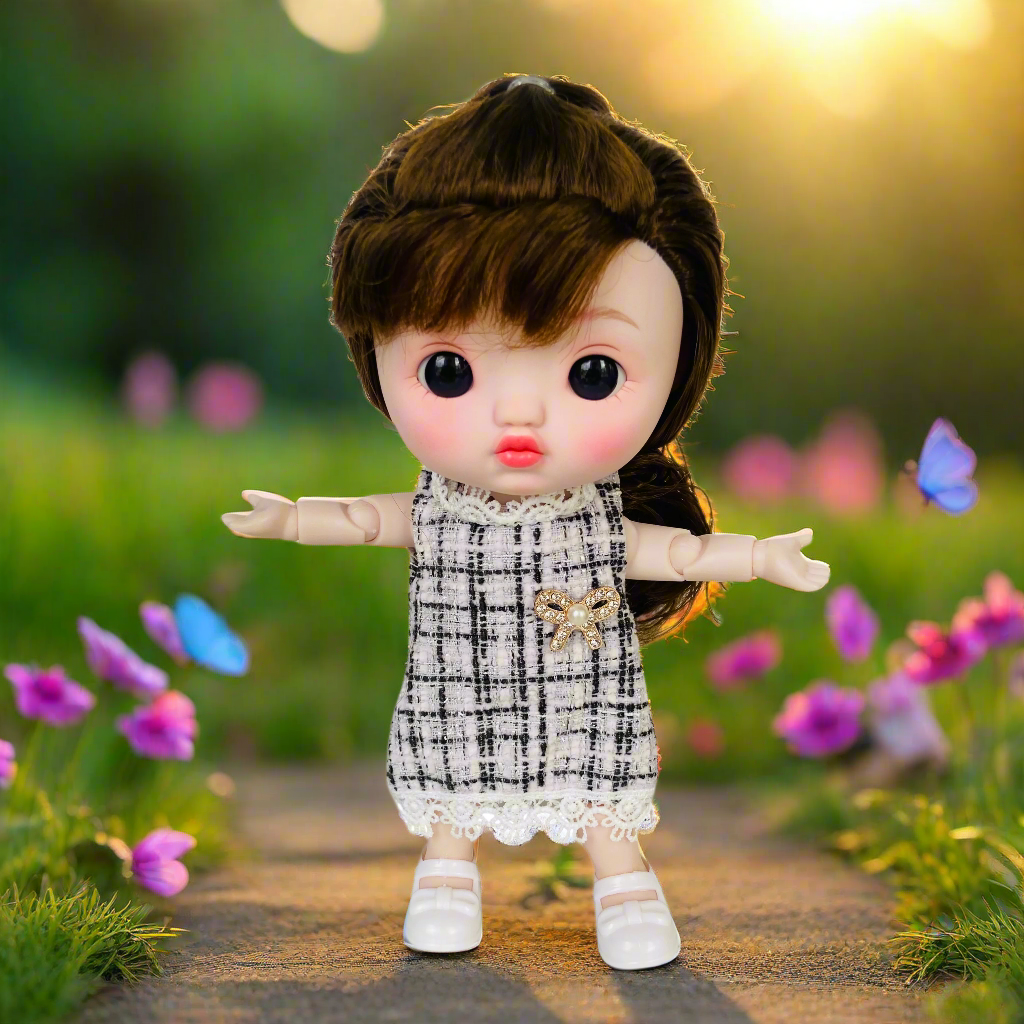 NestyFox 22cm Musical Doll with 15 Movable Joints – Realistic Eyes, Cute Outfit & Earmuffs, Gift for Girls