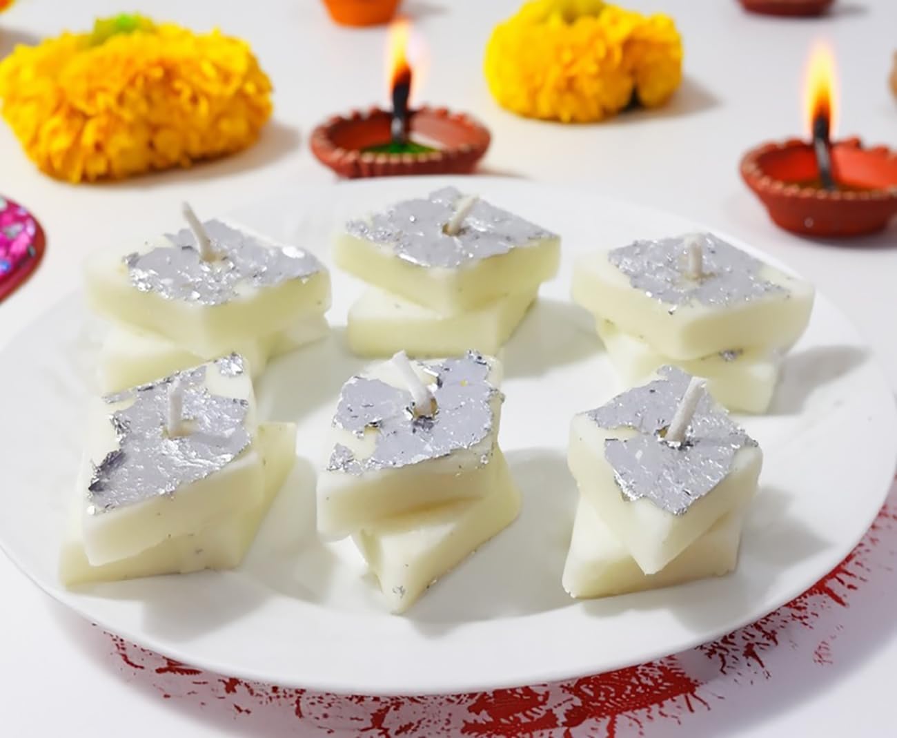 Diwali Barfi-Shaped Soy Wax Candles - Set of 12 for Festive Gifting & Home Décor