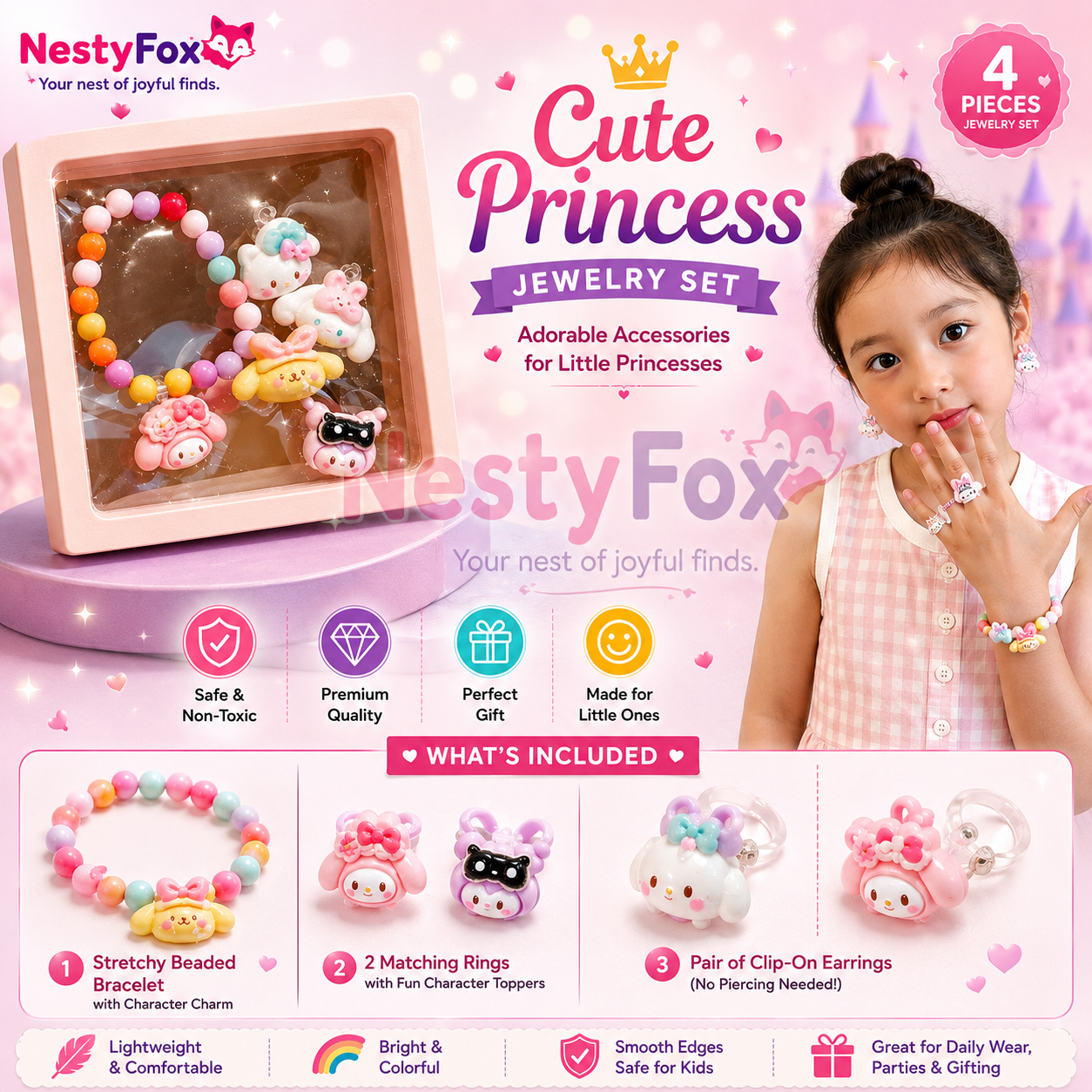 Cute Princess Jewelry Set – 4 pcs: Stretchy Beaded Bracelet + 2 Matching Rings + Clip-On Earrings