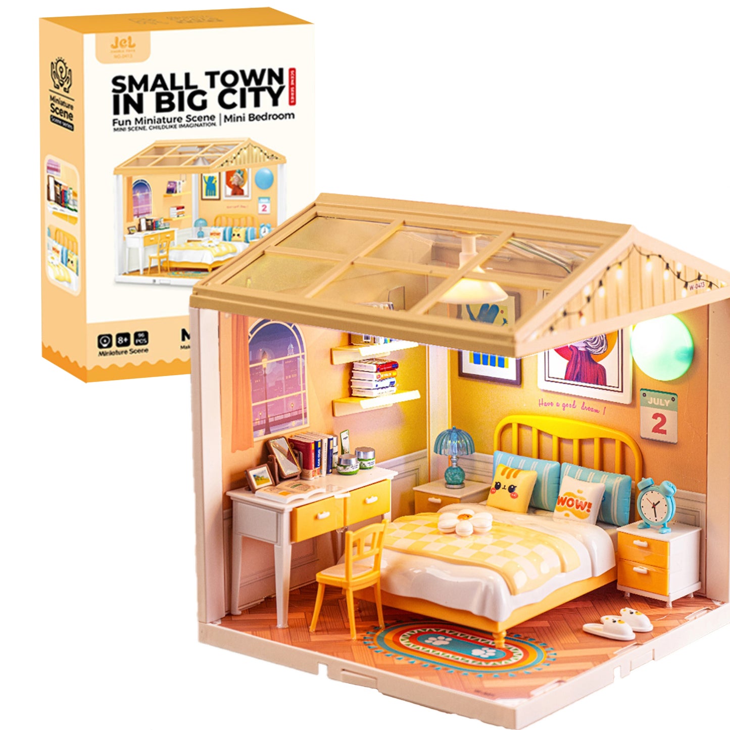 NestyFox Mini Bedroom Dollhouse with LED Lights | DIY ABS Plastic Doll House Kit with Furniture