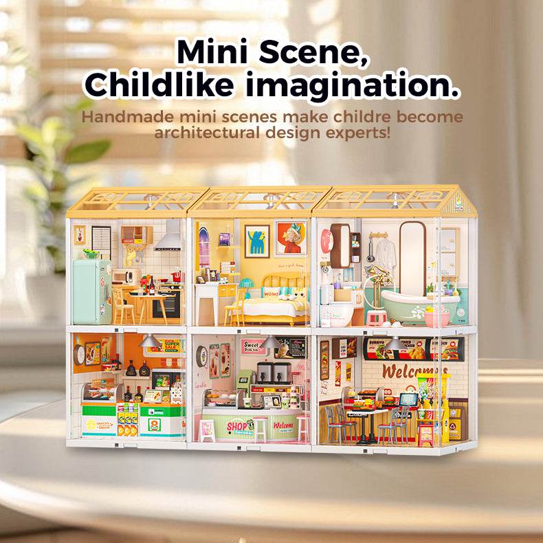 NestyFox Mini Bedroom Dollhouse with LED Lights | DIY ABS Plastic Doll House Kit with Furniture