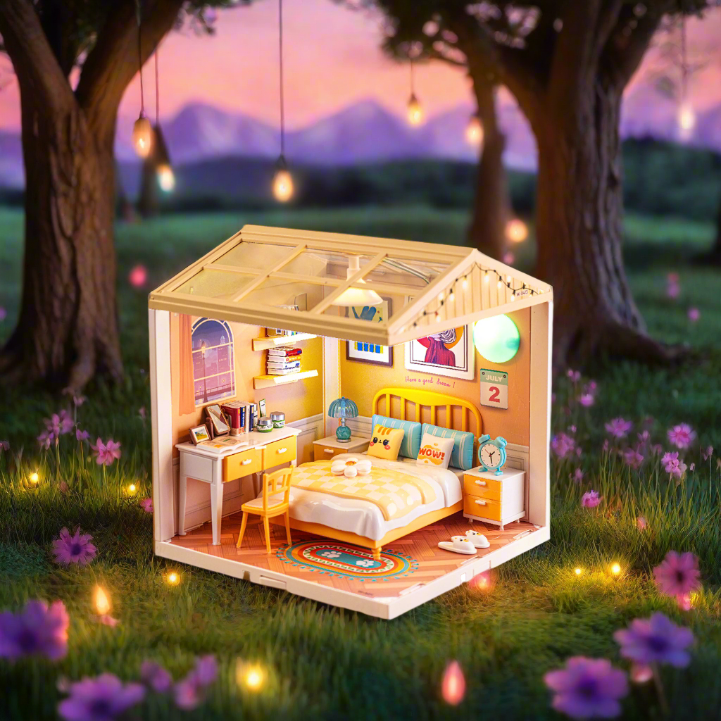 NestyFox Mini Bedroom Dollhouse with LED Lights | DIY ABS Plastic Doll House Kit with Furniture