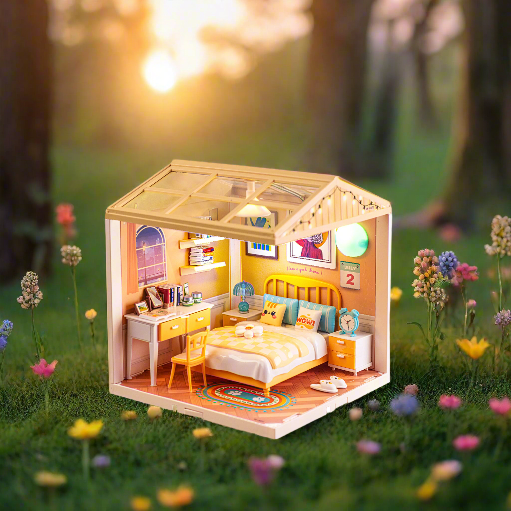 NestyFox Mini Bedroom Dollhouse with LED Lights | DIY ABS Plastic Doll House Kit with Furniture