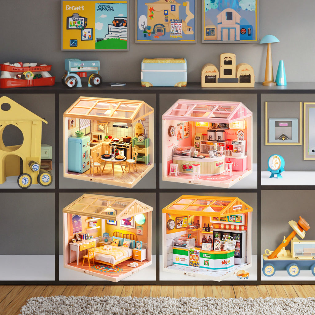 NestyFox Mini Bedroom Dollhouse with LED Lights | DIY ABS Plastic Doll House Kit with Furniture