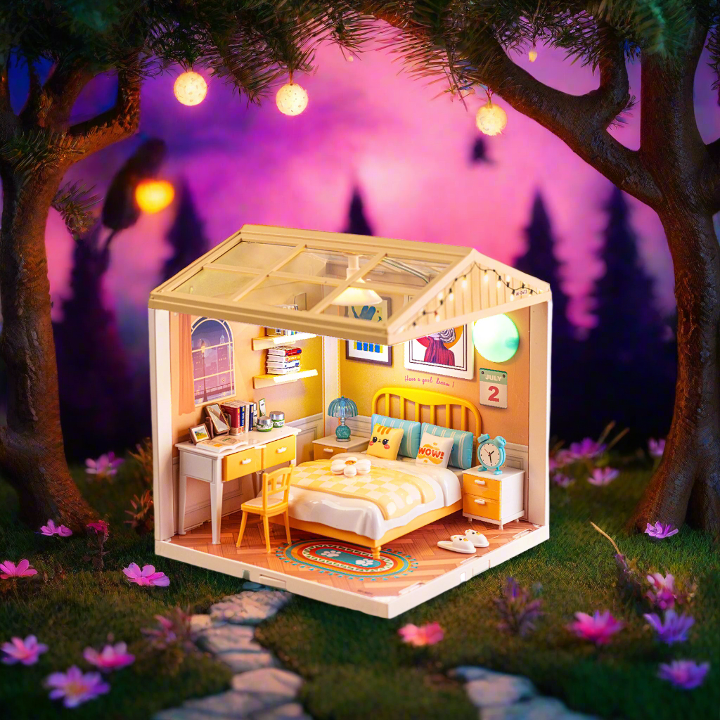 NestyFox Mini Bedroom Dollhouse with LED Lights | DIY ABS Plastic Doll House Kit with Furniture