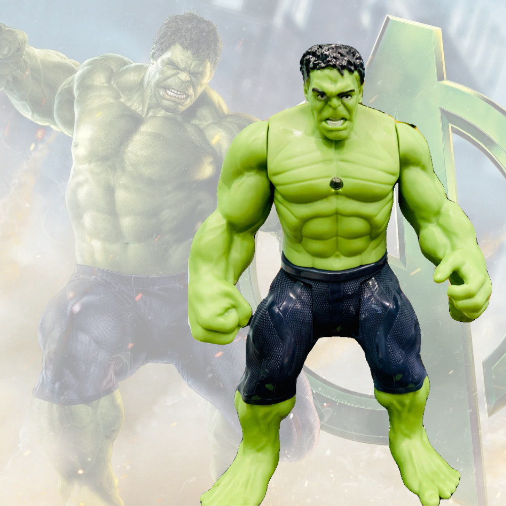 Hulk 08 scale action figure from Avengers: Age of Ultron, showcasing detailed green muscles and expressions, standing amidst a cityscape backdrop, ready to unleash his strength.