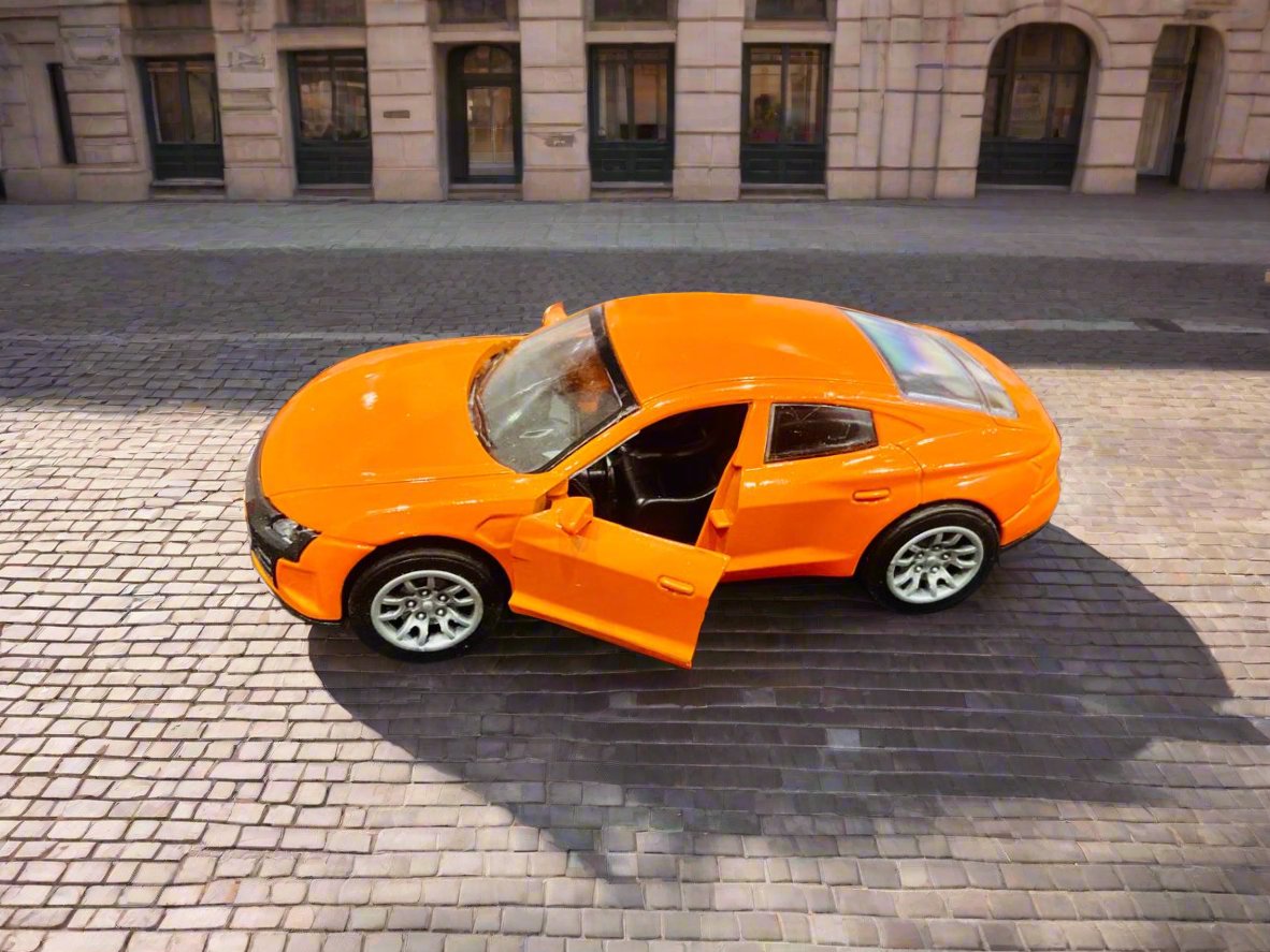 A 1:36 scale die-cast pull-back metal car designed for kids, featuring sound and light effects. The car has openable doors, showcasing its detailed interior. It is presented against a neutral background, highlighting its vibrant colors and realistic design, making it an ideal toy gift.