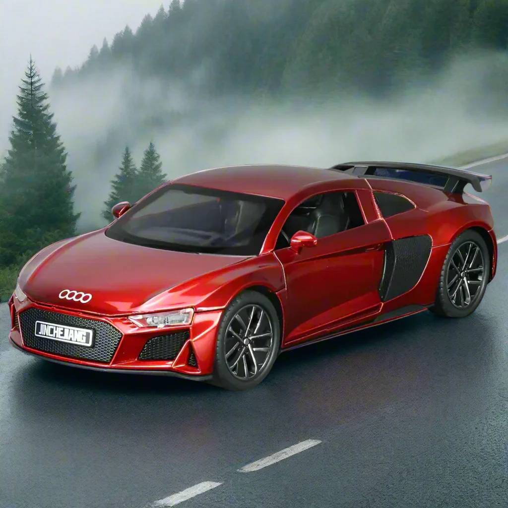 A winding mountain road surrounded by dense evergreen forests with light mist in the air. The road is dark gray asphalt with a subtle wet sheen, reflecting soft light. The green pine trees and misty blue-gray sky create a cool, natural contrast against the bold red car, making it stand out prominently