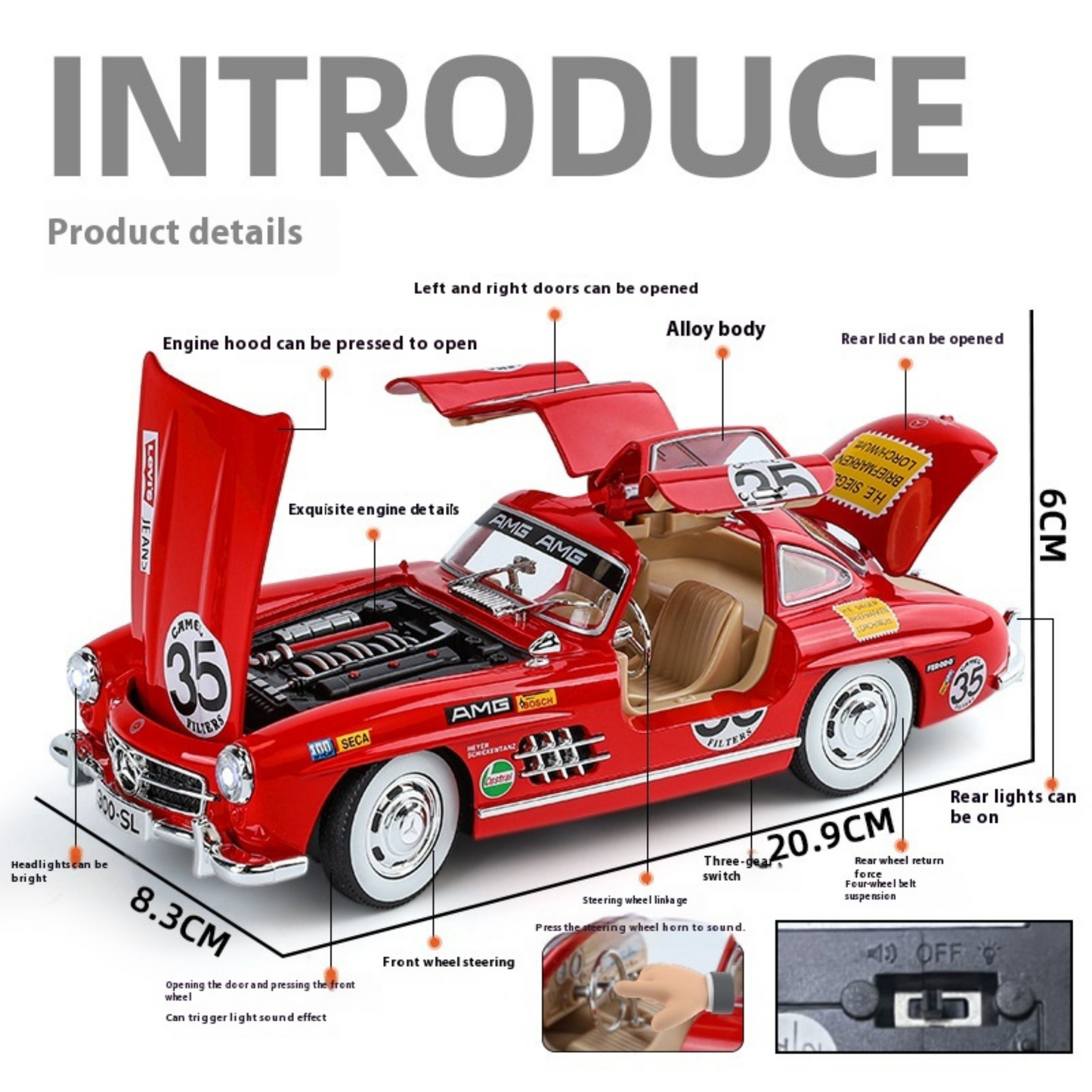 NestyFox Mercedes 300SL 1:24 Diecast Car Model – Sound, Lights & Openable Doors