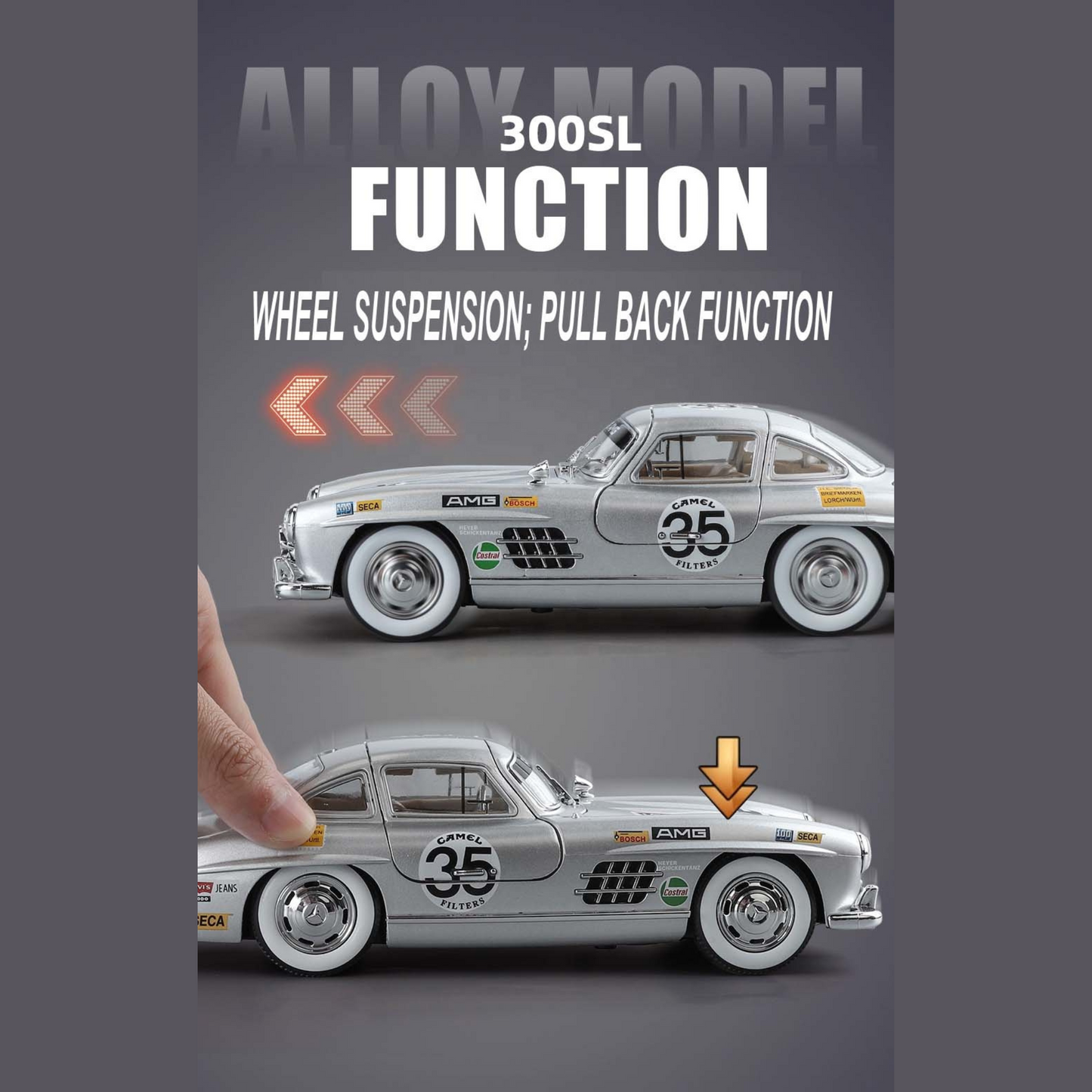 NestyFox Mercedes 300SL 1:24 Diecast Car Model – Sound, Lights & Openable Doors