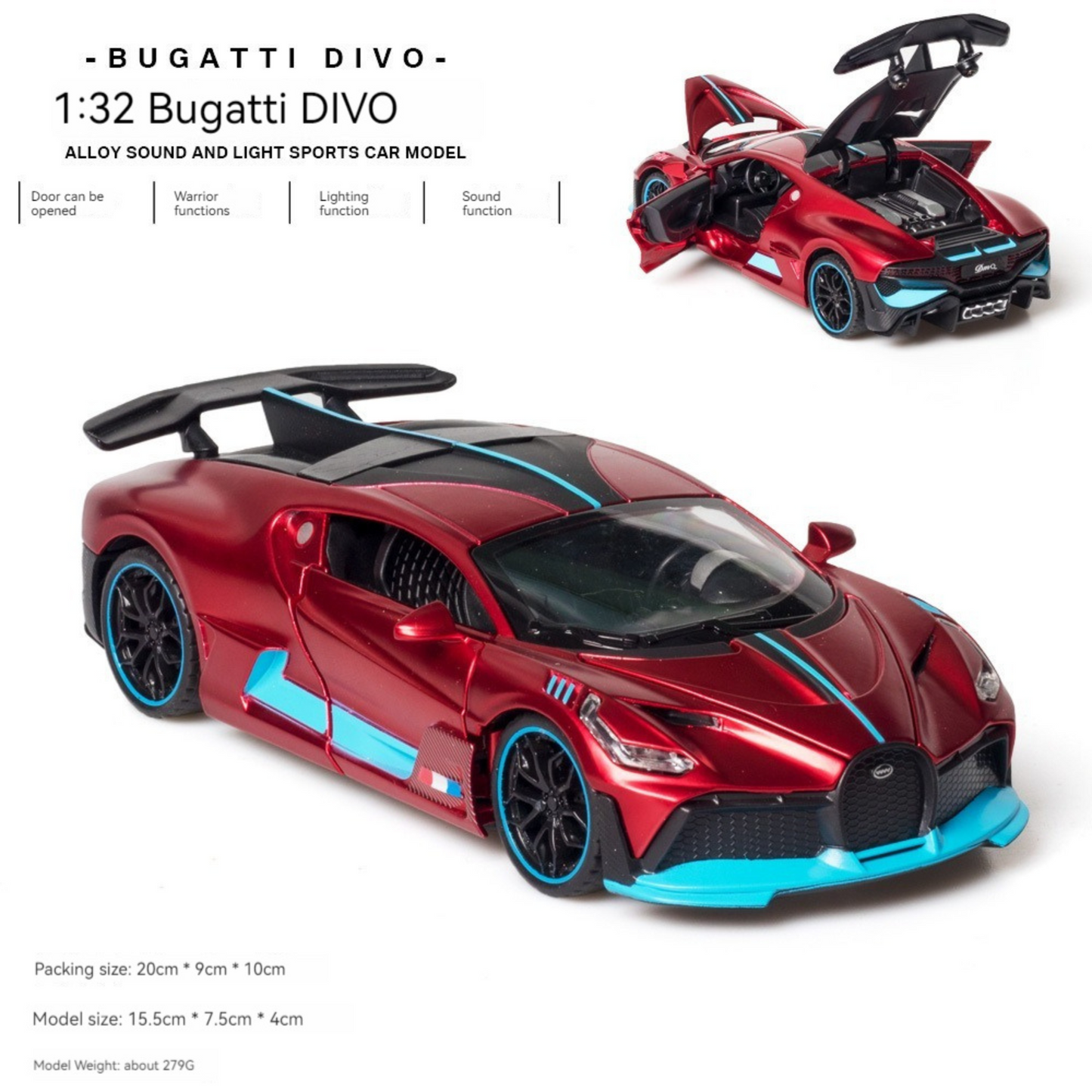 NestyFox 1:32 Bugatti Divo Alloy Car Model – Sound, Lights & Pull-Back Action