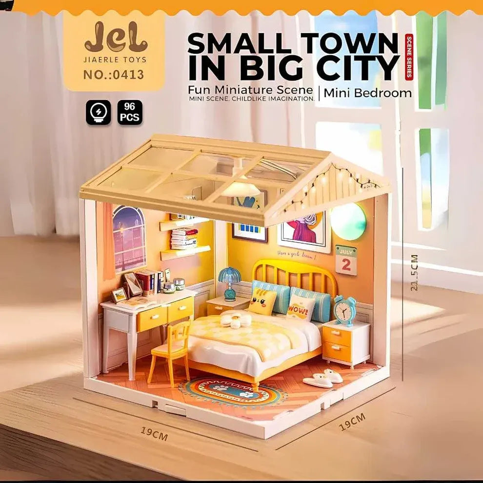 NestyFox Mini Bedroom Dollhouse with LED Lights | DIY ABS Plastic Doll House Kit with Furniture