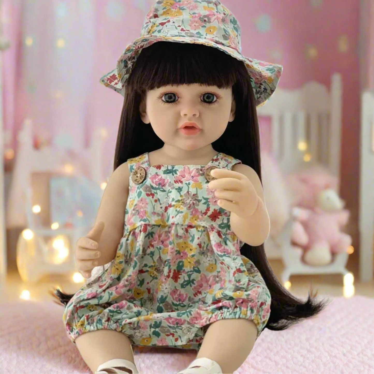 NestyFox Realistic Silicone Reborn Baby Girl Doll | 55cm Large Lifelike Soft Body with Long Hair, Nipple Bottle, Diaper & Magnetic Pacifier | Gift for Kids (Silicone Doll 16)