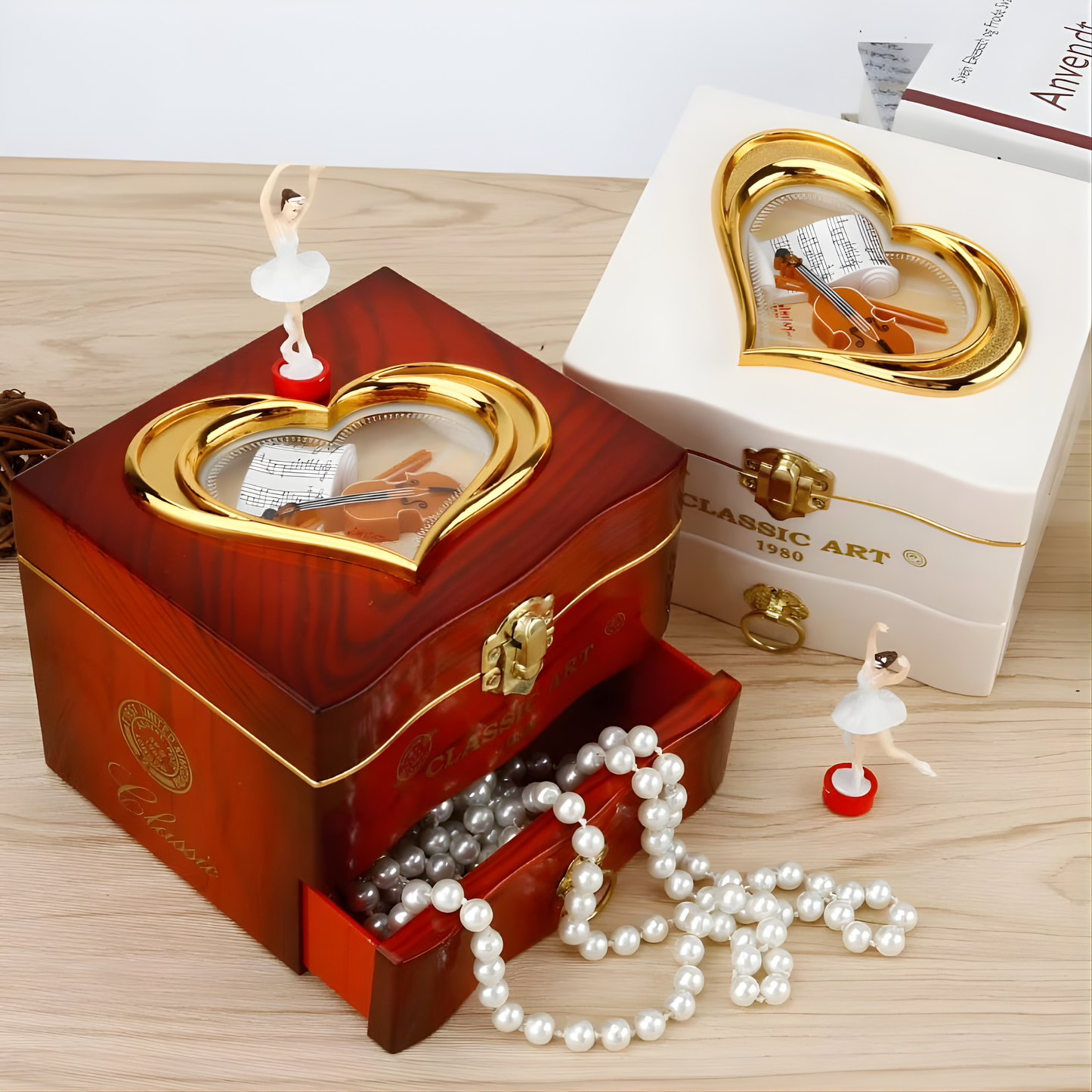Retro Ballet Girl Jewelry Music Box – Classic Wooden Design with Rotating Ballerina, Mirror & Drawer Storage