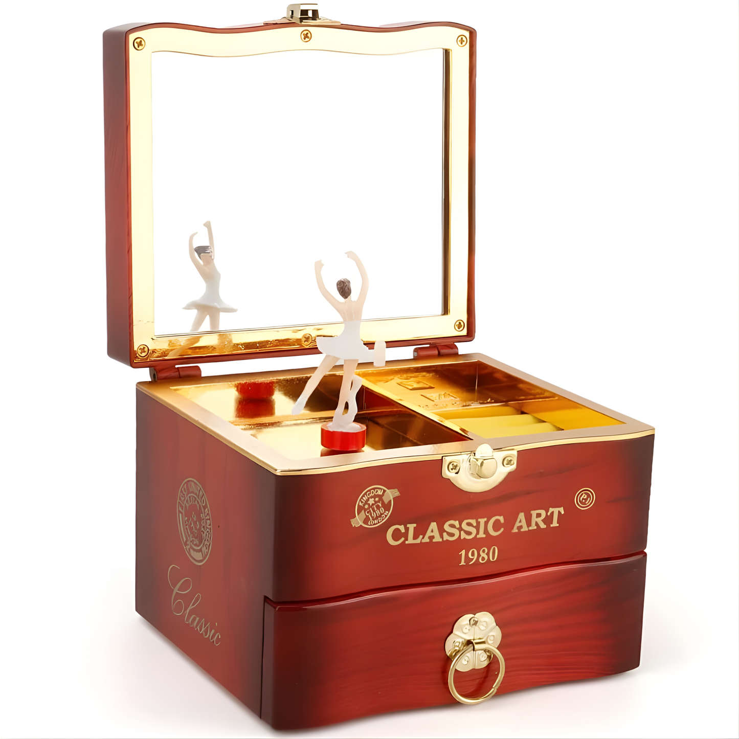 Retro Ballet Girl Jewelry Music Box – Classic Wooden Design with Rotating Ballerina, Mirror & Drawer Storage
