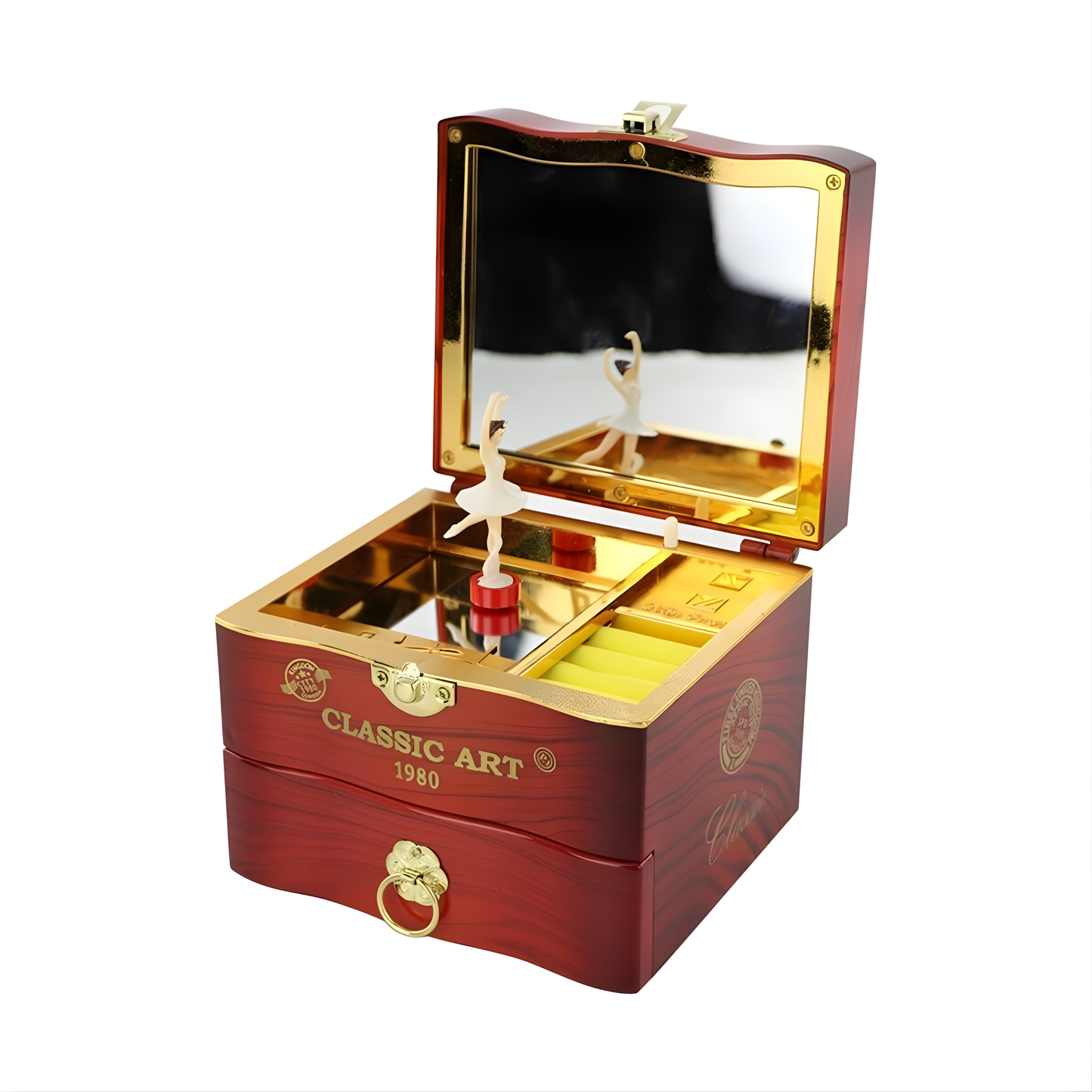 Retro Ballet Girl Jewelry Music Box – Classic Wooden Design with Rotating Ballerina, Mirror & Drawer Storage