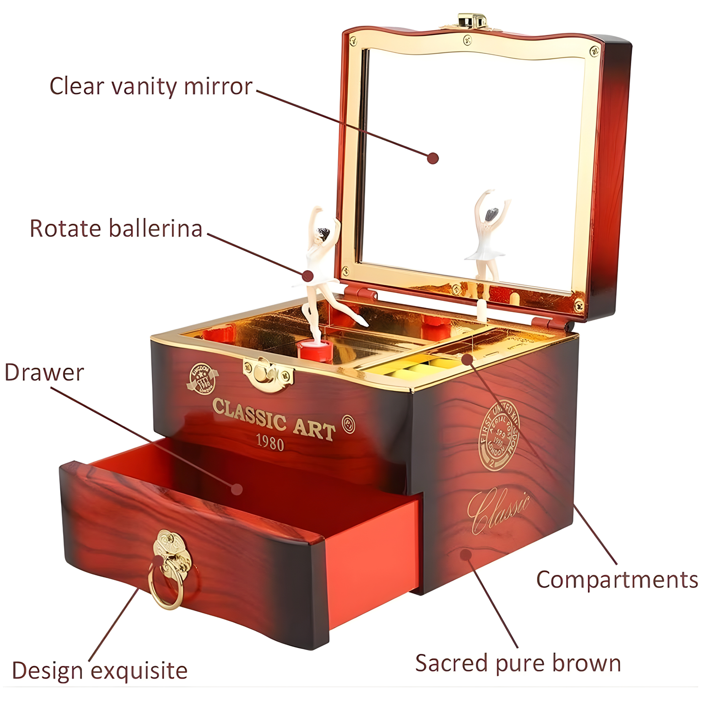 Retro Ballet Girl Jewelry Music Box – Classic Wooden Design with Rotating Ballerina, Mirror & Drawer Storage