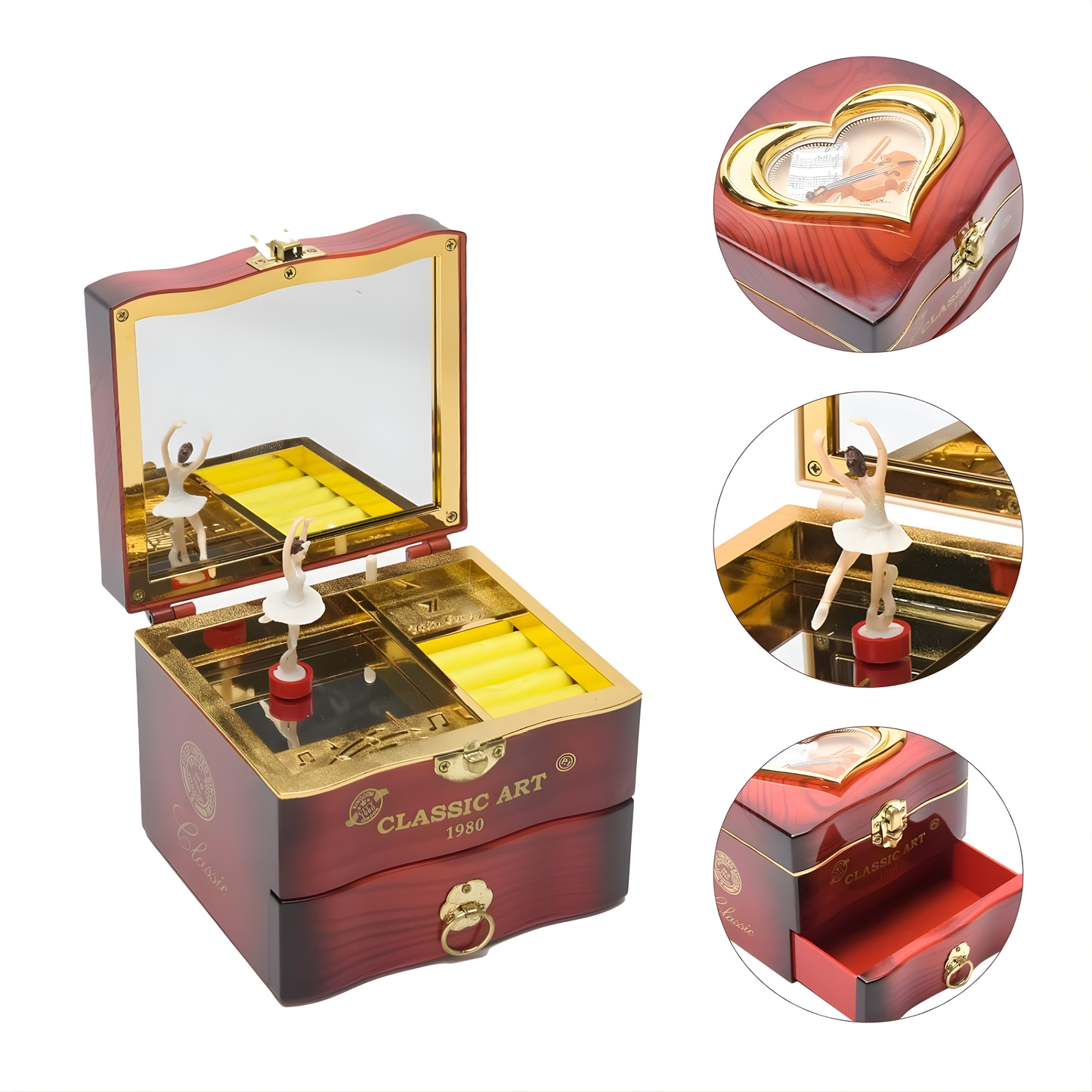 Retro Ballet Girl Jewelry Music Box – Classic Wooden Design with Rotating Ballerina, Mirror & Drawer Storage